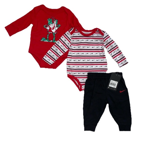 Nike Baby 3PC Set University Red Holiday Bodysuits and Joggers 6M - Picture 1 of 4